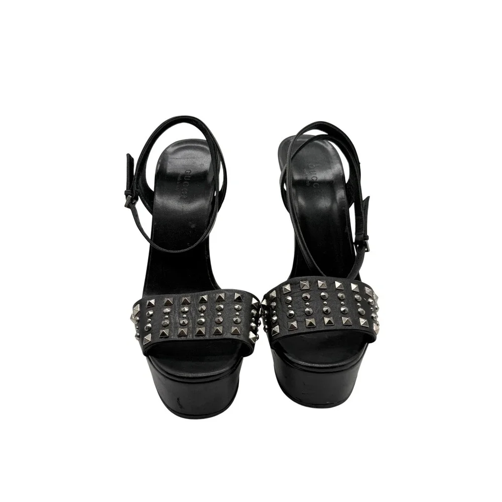 Gucci‎ Black Leather Studded Platform Sandals Block Heel Made in Italy Size 38